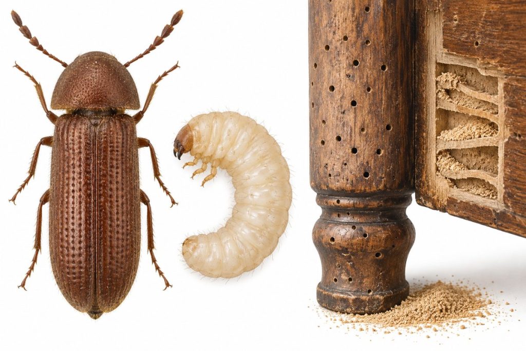 Ilustración de la carcoma común: escarabajo, larva y mueble con agujeros pequeños y serrín