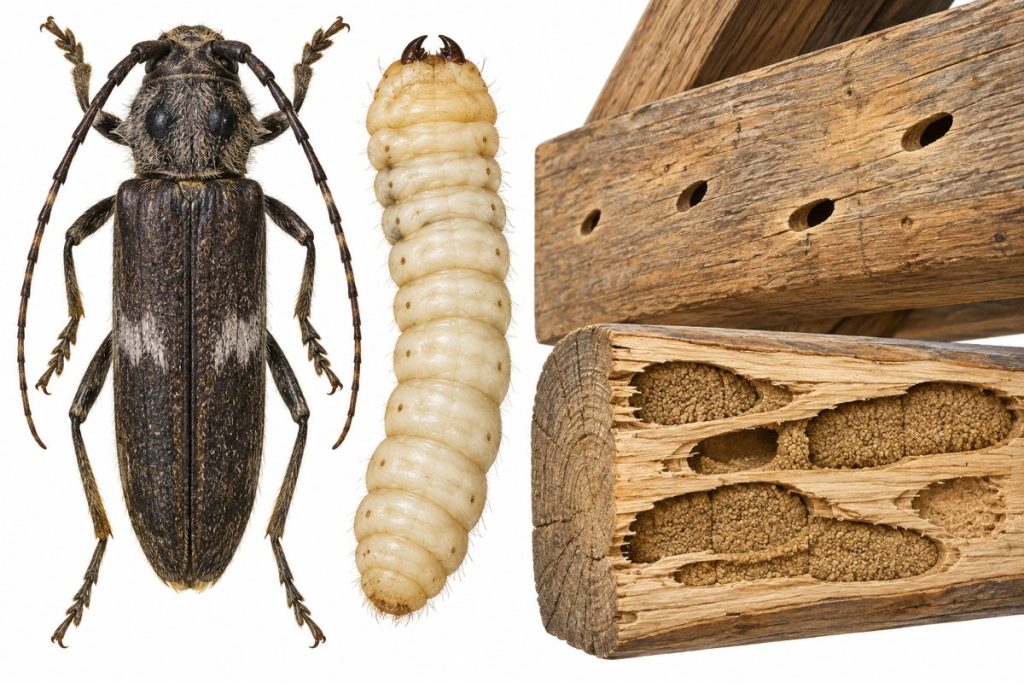 Ilustración de la carcoma grande: escarabajo de antenas largas, larva y viga con agujeros ovalados