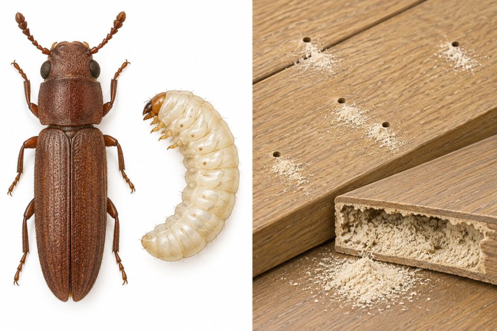 Ilustración del Lyctus: escarabajo, larva y tarima reducida a polvo fino