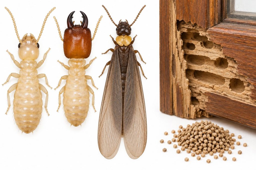 Ilustración de la termita de madera seca con sus castas, galerías y excrementos en granitos